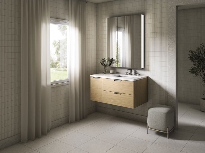 Floating bathroom vanity with brushed stainless faucet and fittings