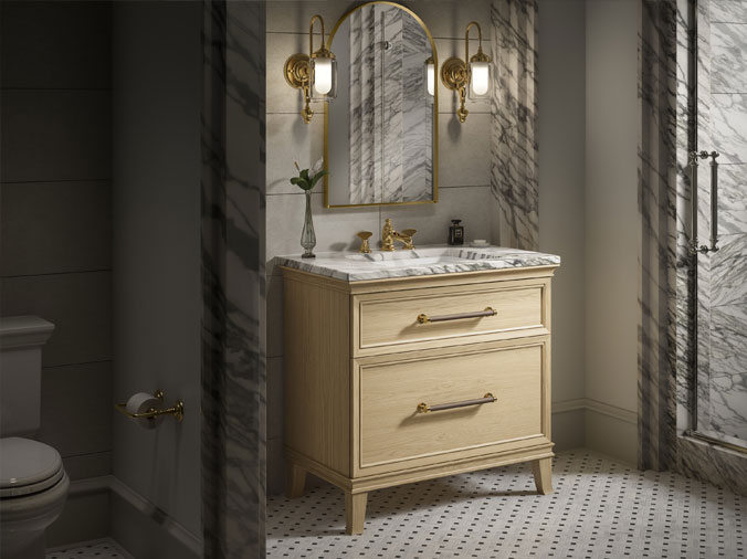 Lite wood bathroom vanity with marble countertop