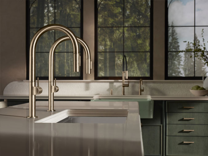 Dual goosneck brushed stainless kitchen faucets